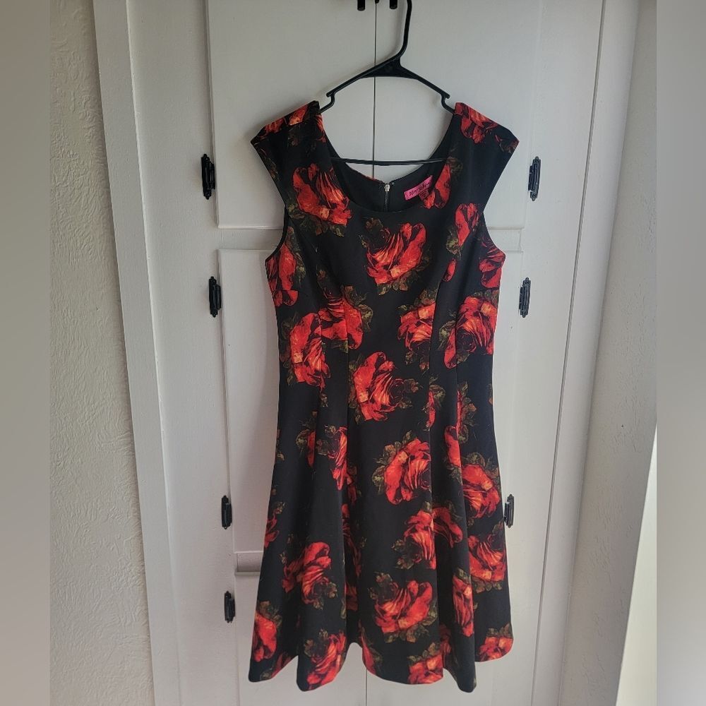 Betsey Johnson Rose Floral Pleated Aline Cap Sleeve Dress